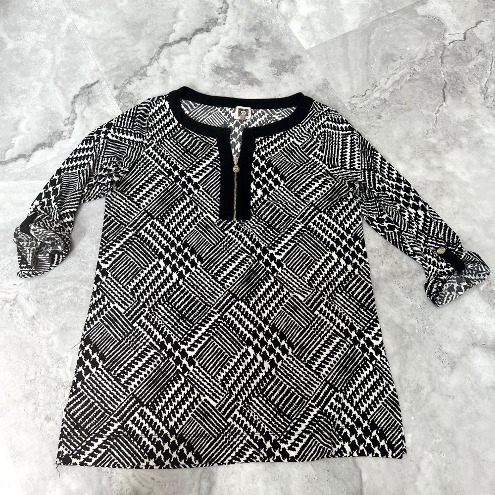 Anne Klein Size Small S Black White Tunic NWOT Blouse Henley Zip Neck